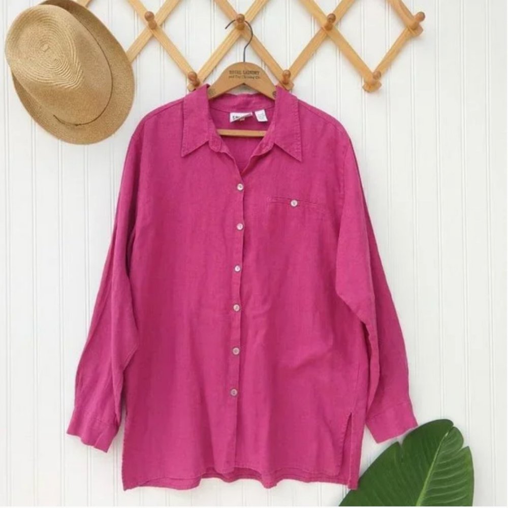 Chicos 100% Linen Button Down Tunic Top Size 2 L Magenta Pink Lagenlook Shirt